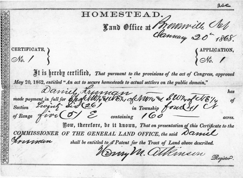 Freeman Homestead Certificate