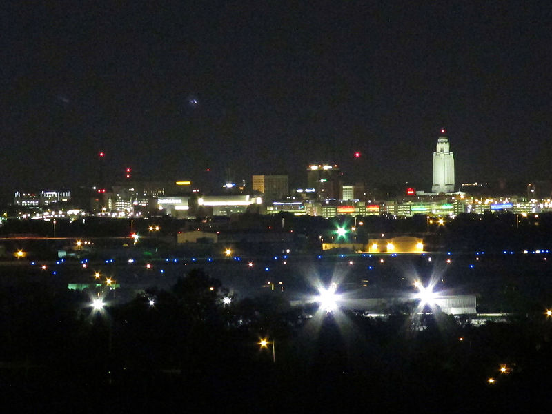 Nighttime Skyline Of Downtown Lincoln Nebraska Usa